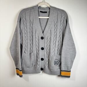 TOMMY HILFIGER Y2K Men’s Cable Knit Button Cardigan Sweater Gray XL Crest Logo